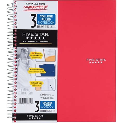 five star notebooks 3 subject|three subject college ruled notebook.